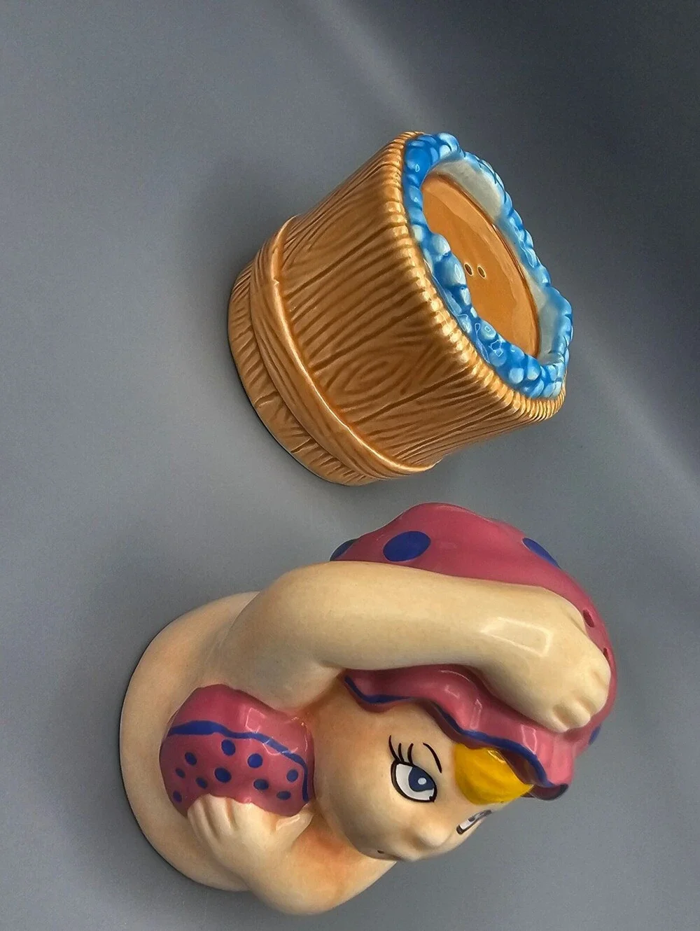 Vintage Ceramic Bathing Girl with Pink Polka Dot Cap Salt and Pepper Shakers